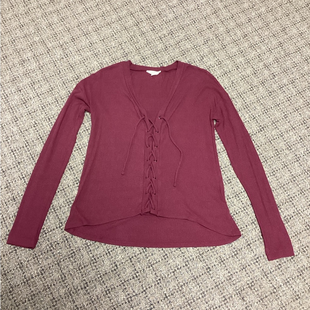 Aeropostale Burgundy Mauve Ribbed Lace-Up V-Neck Long Sleeve Top * Size XS